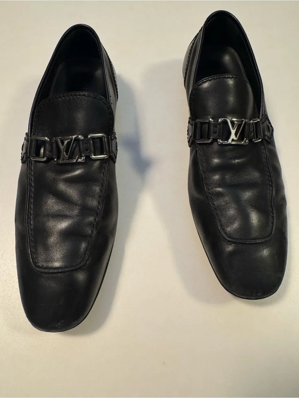 Louis Vuitton Black Leather Men’s Slip-On Loafers with LV Metal Bit